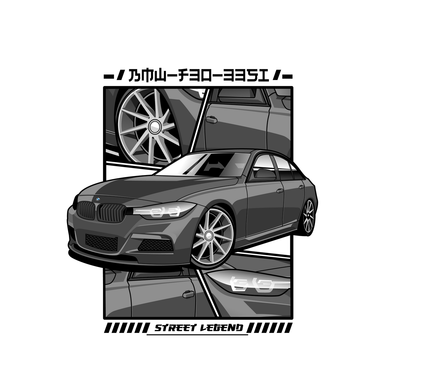 Eine stilisierte Graustufenillustration eines eleganten, modernen Autos mit detaillierten Nahaufnahmen seiner Räder und Seitenwände strahlt Luxus und Fahrfreude aus. Das Auto ist oben und unten von japanischem Text umgeben, und unten steht „STREET LEGEND“ auf Englisch. Wir präsentieren den Duftbaum BMW F30 von ShineMasters.