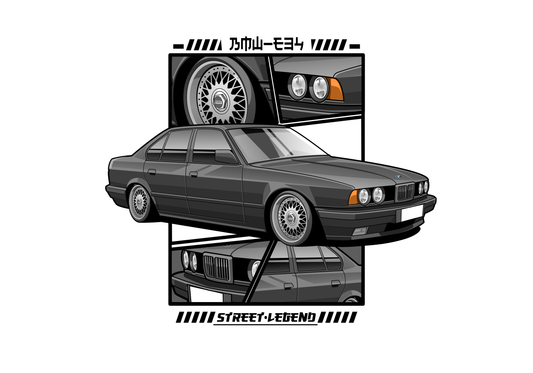 Eine stilisierte Illustration einer klassischen schwarzen Duftbaum BMW E34 Limousine aus verschiedenen Blickwinkeln, die Designdetails wie Scheinwerfer, Kühlergrill und Räder zeigt. Der Hintergrund zeigt rechteckige Rahmen mit japanischem Text oben und „STREET-LEGEND“ unten, was das klassische BMW-Flair einfängt.