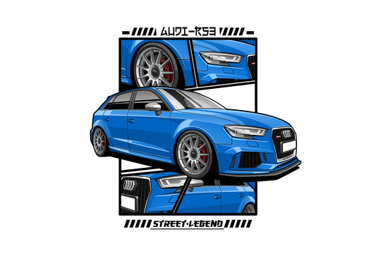 Abbildung eines blauen Duftbaum Audi RS3 in einem stilisierten, comicartigen Format. Das Bild zeigt mehrere Perspektiven, darunter eine Nahaufnahme des Kühlergrills, des Seitenprofils und der Rückansicht. Die Texte „ShineMasters“ und „STREET-LEGEND“ zieren die Ober- und Unterseite und heben das sportliche Design hervor.