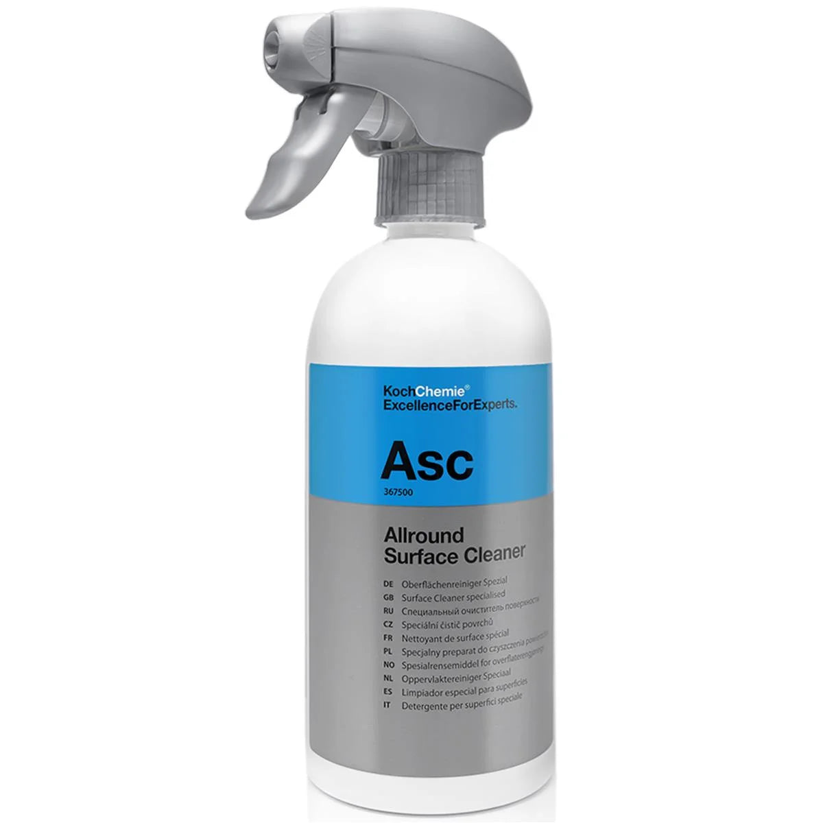 Der Koch Chemie ASC All Surface Cleaner – 500 ml Reiniger für alle Oberflächen ist in einer grau-blauen Sprühflasche mit passender grauer Düse verpackt. Das Etikett „Koch Chemie Excellence For Experts Asc Allround Surface Cleaner“ weist einen mehrsprachigen Text auf, der auf seine Eignung als Oberflächenreiniger hinweist, ideal für die KFZ-Reinigung und vielseitiges, rückstandsfreies Reinigen.