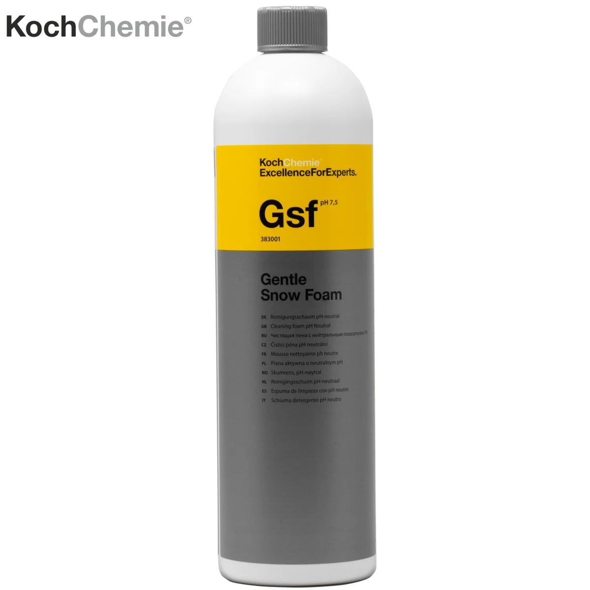 Eine 1-Liter-Flasche Koch Chemie Gsf Gentle Snow Foam mit einem gelb-grauen Etikett. Auf dem Etikett steht „KochChemie Excellence For Experts. Gsf pH 7,5 Gentle Snow Foam“ zusammen mit zusätzlichen Informationen in kleinerer Schrift. Dieser pH-neutrale Reinigungsschaum hat einen angenehmen Kirschduftduft und wird mit einer grauen Kappe geliefert.