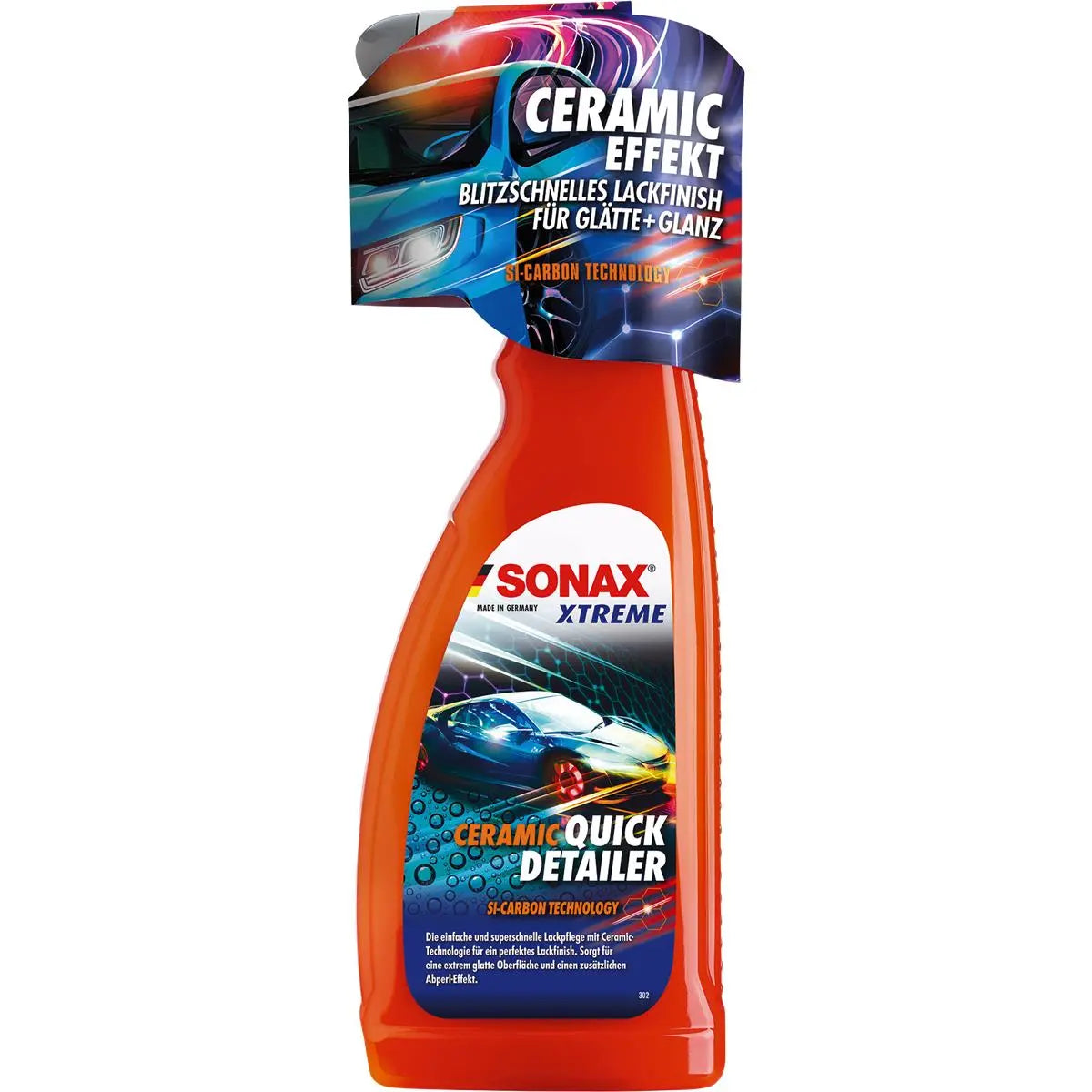 Foto einer leuchtend roten Flasche Sonax Xtreme Ceramic Quick Detailer 750 ml von SONAX, verziert mit einem schwarz-blau-gelben Etikett mit einer Autografik. Das Etikett betont „Ceramic Effect“ und „Si-Carbon Technology“, um schnell spiegelnden Hochglanz und glatte Autooberflächen zu erzielen und gleichzeitig einen hervorragenden Abperl-Effekt zu erzielen.