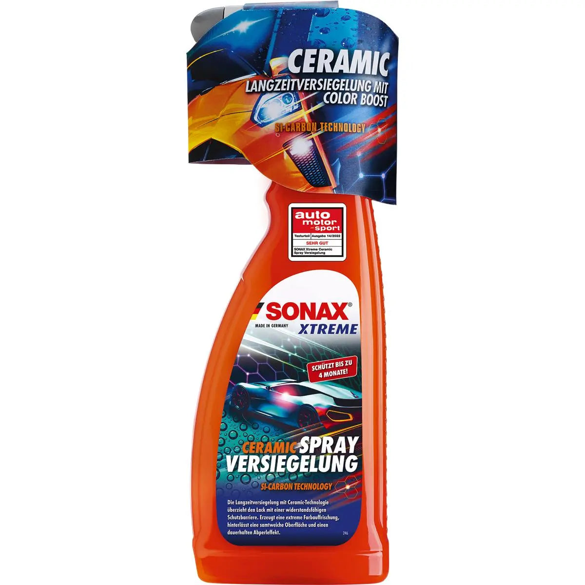 Bild einer roten Sprühflasche mit der Aufschrift „Sonax Xtreme Ceramic Spray Versiegelung 750ml“ von SONAX mit Si-Carbon-Technologie. Die Flasche zeigt lebendige Grafiken, darunter ein Auto und Keramikelemente. Der deutsche Text auf dem Etikett hebt die lang anhaltende Versiegelung mit Farbverstärkung für hochglänzender Lack hervor.