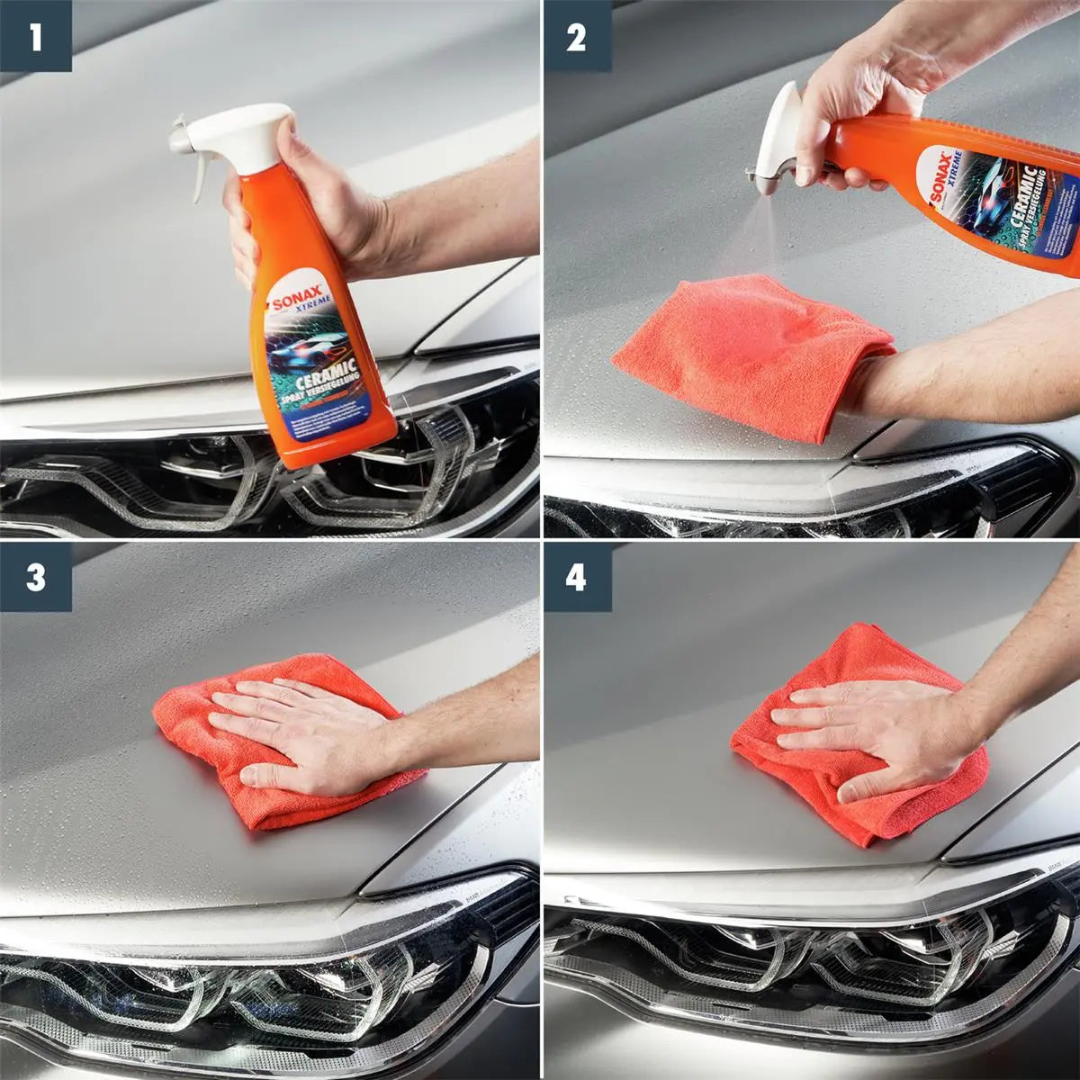 Eine Anleitung in vier Schritten zeigt, wie Sie Sonax Xtreme Ceramic Spray Versiegelung 750ml auf eine Motorhaube auftragen. Schritt 1: Sprühflasche festhalten. Schritt 2: Produkt gleichmäßig auf die Oberfläche sprühen. Schritt 3: Mit einem Mikrofasertuch verteilen. Schritt 4: Mit einer sauberen Stelle des Tuchs polieren – für den hochglänzenden Lack von SONAX.